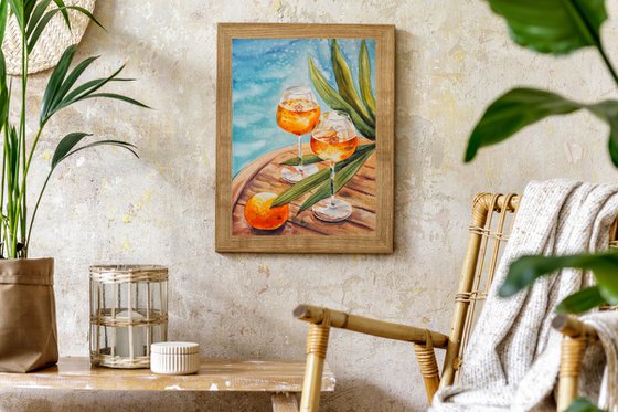 Time for two - original summer watercolor with aperol, orange and palm leaves on the wood table