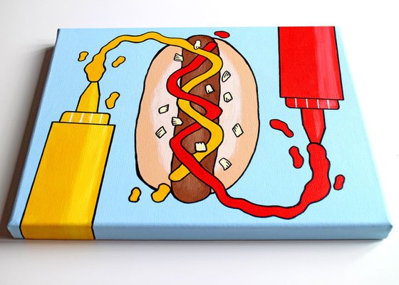 Hot Dog With Tomato Ketchup And Mustard Pop Art Painting On Canvas