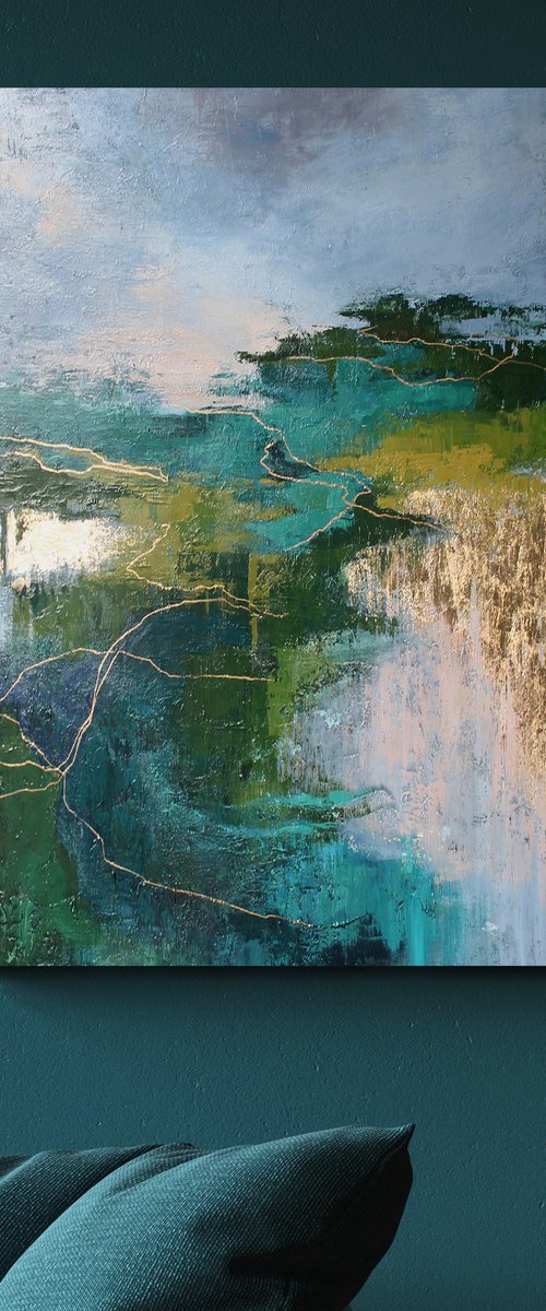 "Aspen 2" Abstract nature green gold art by Solomia