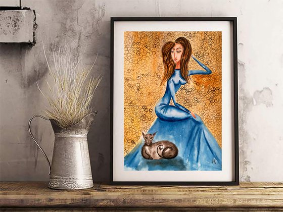 Woman Painting Portrait Original Art Cat Watercolor Woman and Cat Artwork Girl and Cat Home Wall Art 12 by 17" by Halyna Kirichenko