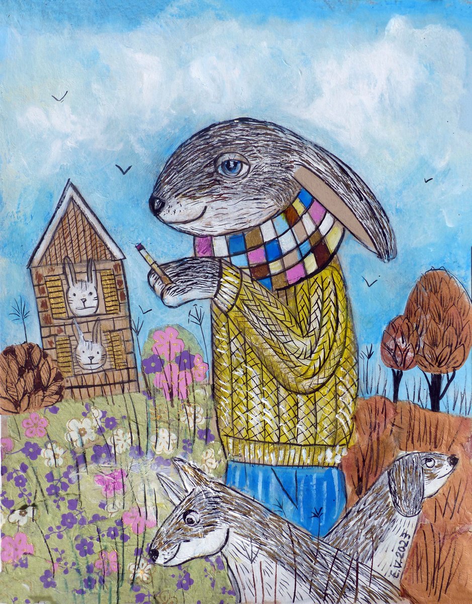 Surrealistic Animal Painting By Elizabeth Vlasova, 11 X 14, Rabbit And His Brothers, Original Artwork