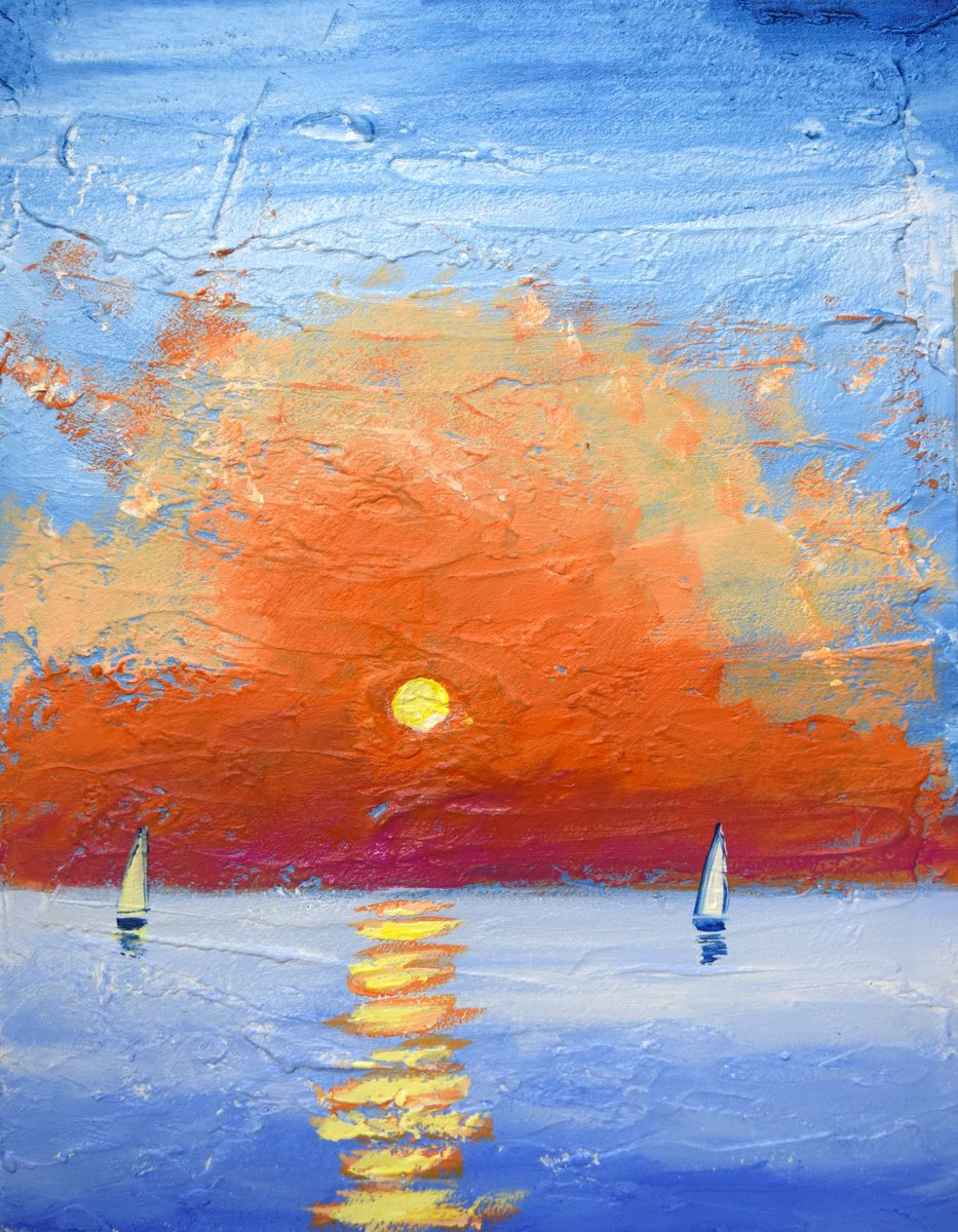 Impressionistic Landscape Painting By Stuart Wright, 16 X 20", The Little Yachts, Original Artwork