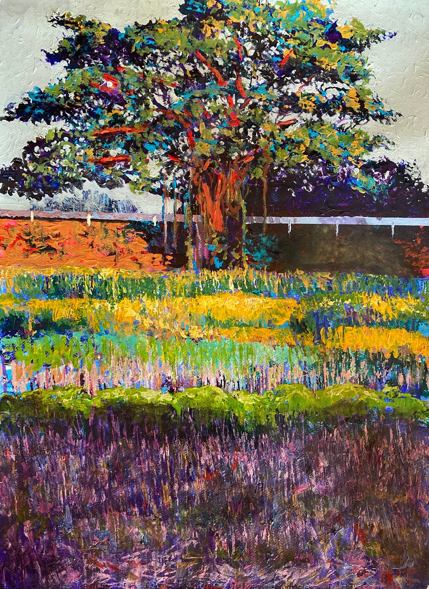 Impressionistic Landscape Acrylic Painting By John Cottee, 22 X 30, Tree By The Road, Original Artwork