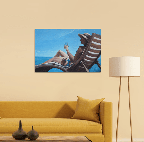 "Lady with a hat on blue ..."   ORIGINAL PAINTING. SEA SUMMER GIFT SEA SWIMMING