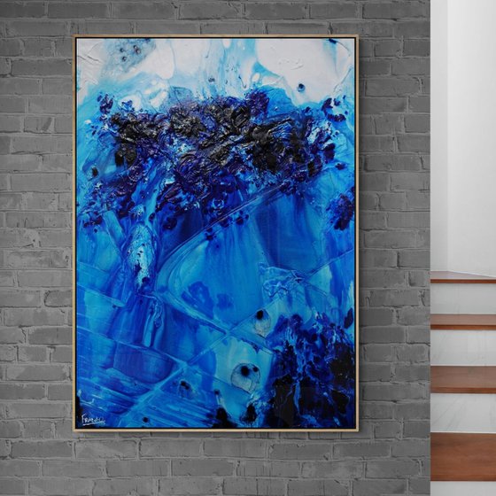 Midnight Stimulation 140cm x 100cm Blue White Textured Abstract Art