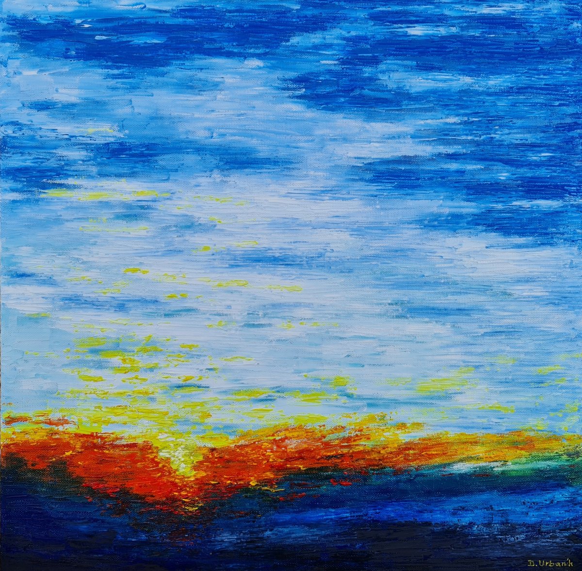 Impressionistic Landscape Oil Painting By Daniel Urbani?k, 16 X 16, Blue Lake, Original Artwork