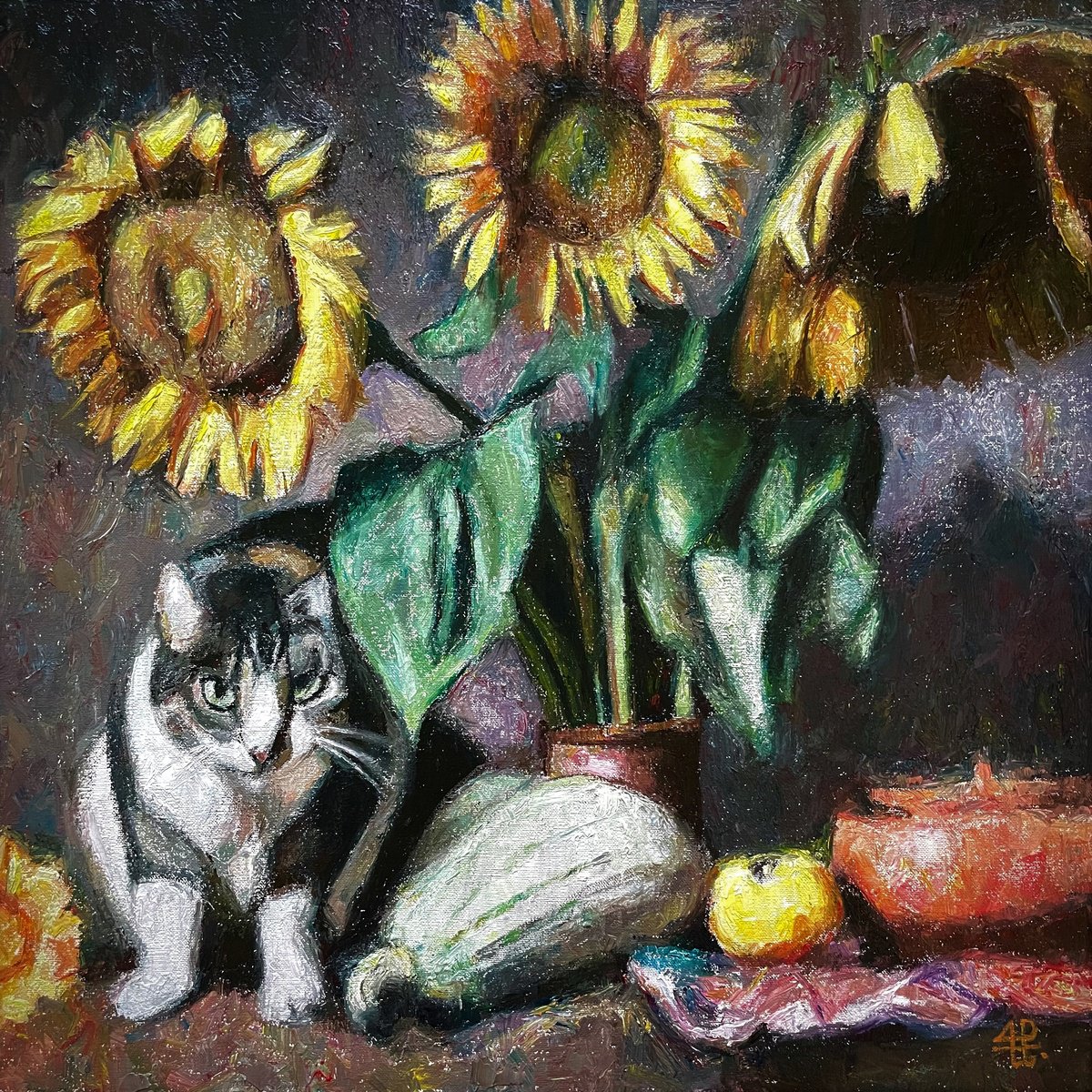 Impressionistic Animal Oil Painting By Andres Portillo, 20 X 20, Farm Cat With Sunflowers, Original Artwork