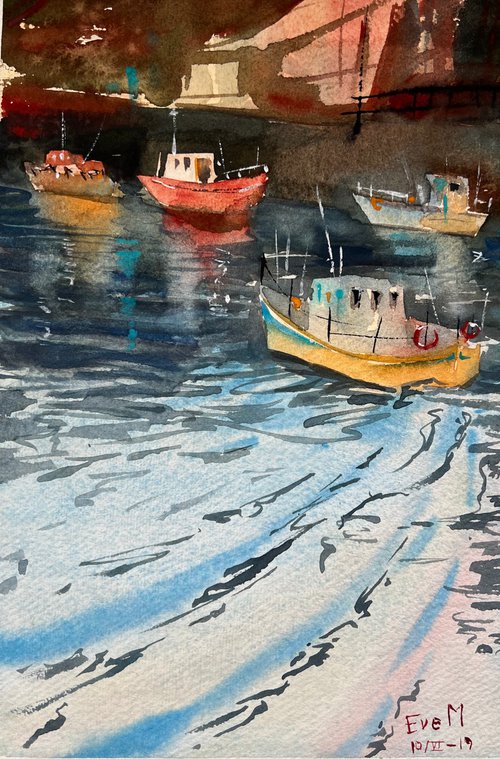 Boats in the port. Watercolor artwork. by Evgeniya Mokeeva