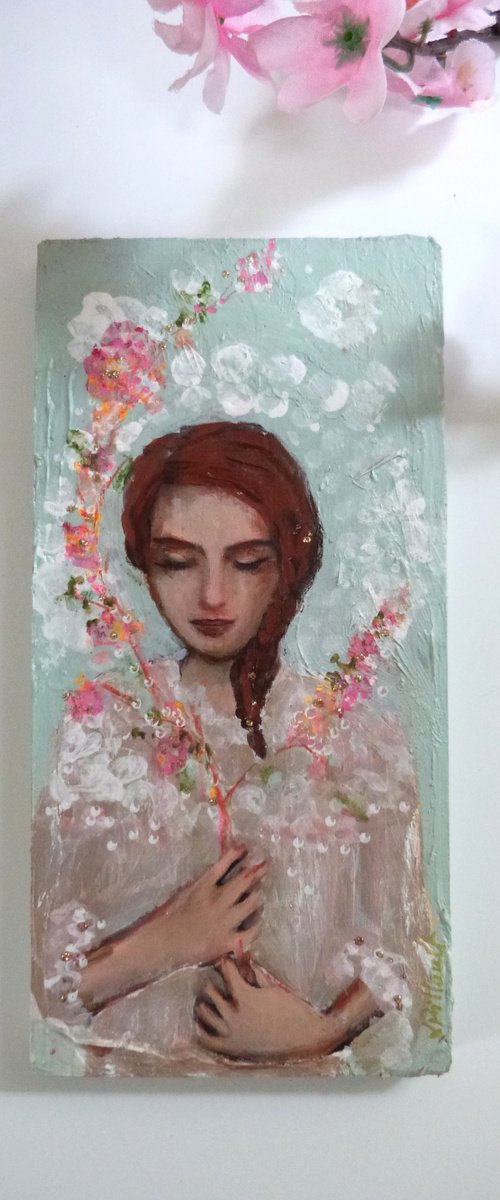 The sacred branch 20 x 10 cm on wood. by Loetitia Pillault