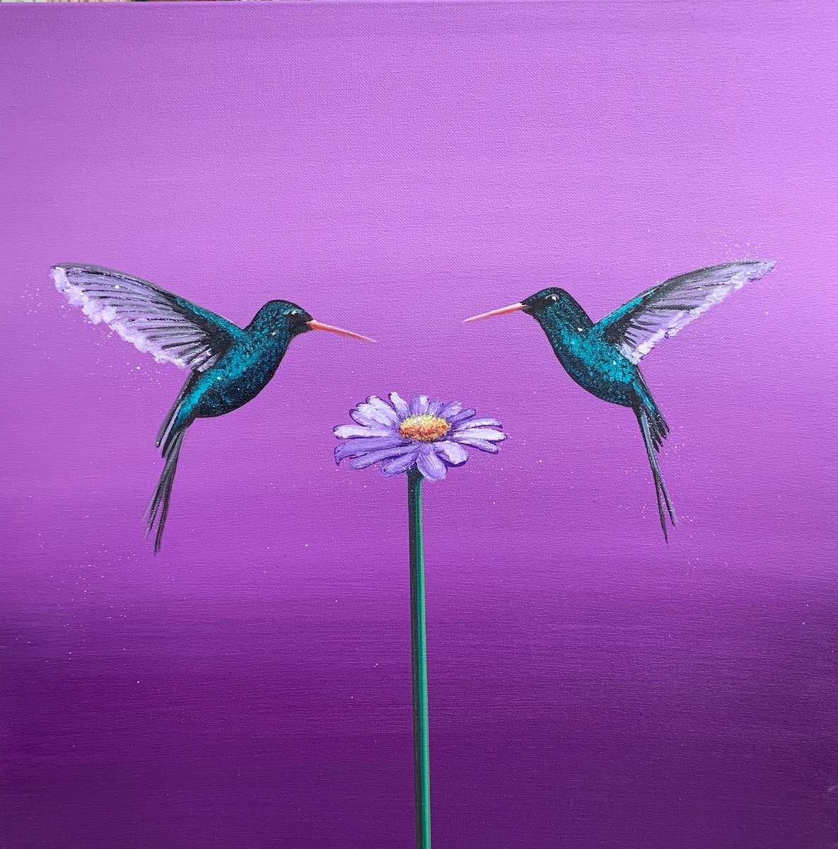 Impressionistic Animal Painting By Laure Bury, 20 X 20", Two Hummingbirds ~ One Love, Original Artwork