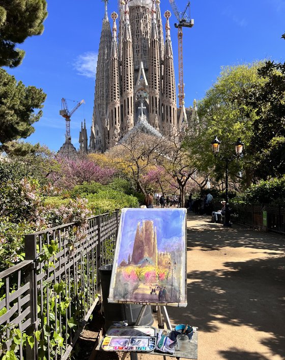 A spring morning with a view of the Sagrada Familia in Barcelona