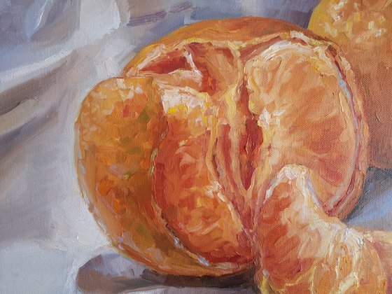 Two mandarines #2, original, one of a kind, impressionistic style still life painting (20x20x2'')