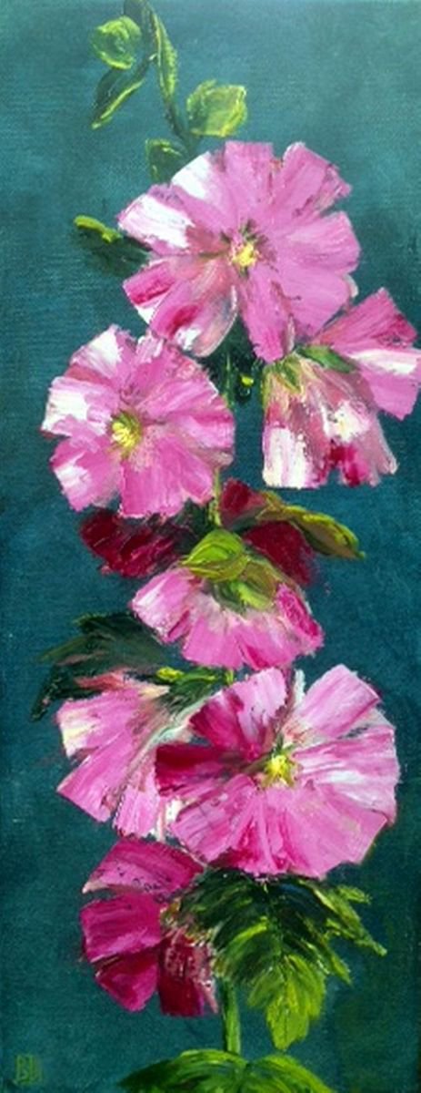 Barbara Harlow | Original  Oil Painting | Hollyhocks | 20 X 51Cm | Artwork For Sale On Artfinder