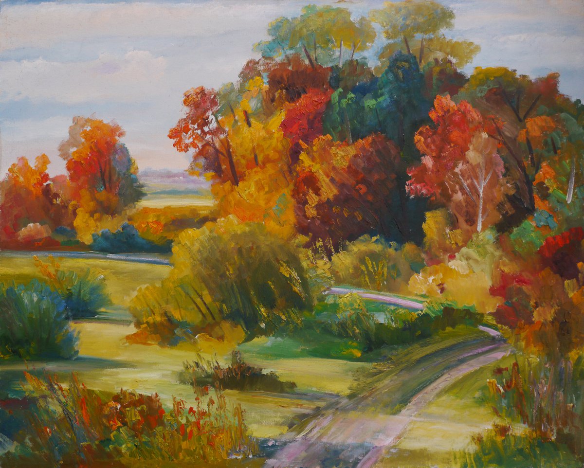 Impressionistic Landscape Oil Painting By Vyacheslav Onyshchenko, 35 X 28", Flashes Of Autumn, Original Artwork