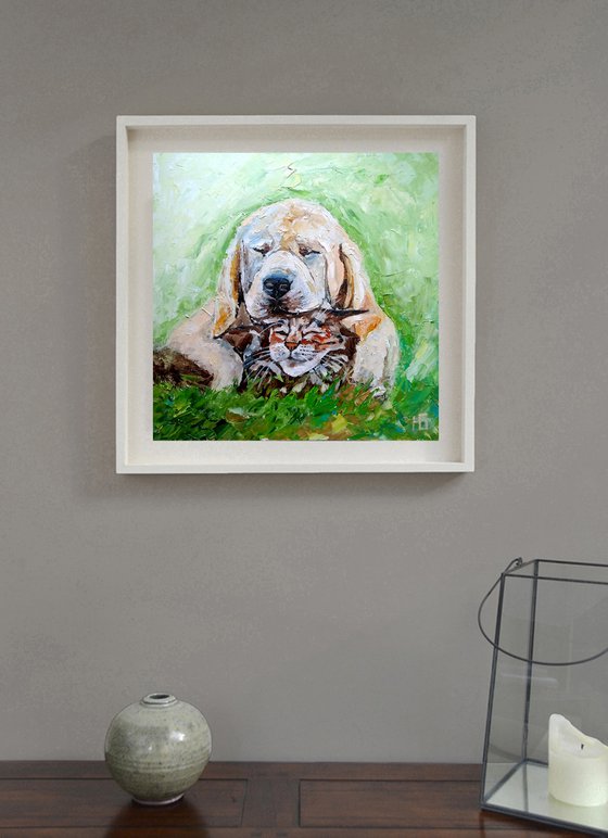 The friends, Dog And Cat Painting Pet Original Art Labrador Portrait Tabby Cat Artwork Funny Animal Wall Art
