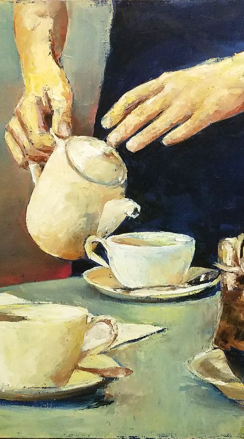 Tea time - still life with dishes, teapot and gentle touch by Leonid Plekhanov