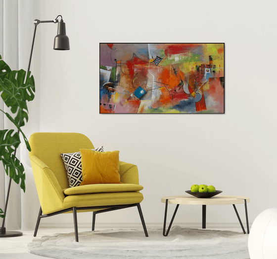 The Heat Of The Day, Large abstract painting, Original art, Oil on canvas, horizontal painting 82x145 cm, red tones