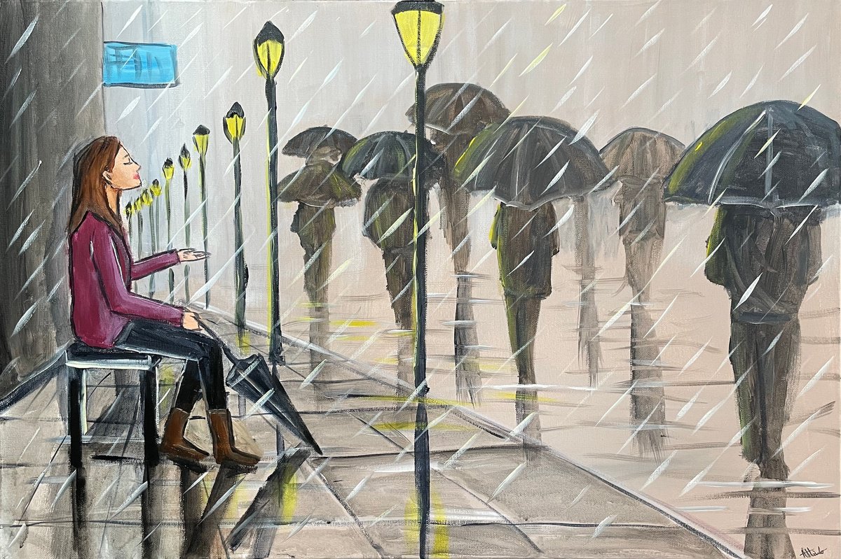 Impressionistic Landscape Acrylic Painting By Aisha Haider, 30 X 20, Shelter From The Rain 2, Original Artwork