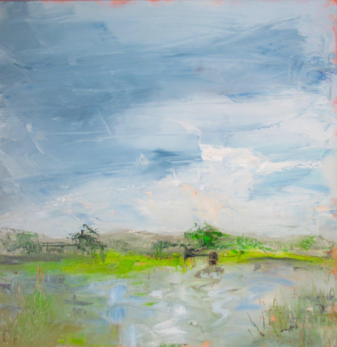 Expressive Landscape Oil Painting By Sherry Edmondson, 28 X 28", The Frog Pond Greenham, Original Artwork