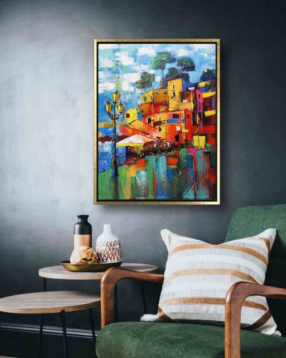 Sorrento view, Italian Cityscape, Italy Sorrento, Impressionist Landscape Italy, Gestural Artwork, Expressive City Landscape, Italy Painting, Mediterranean Coast Painting