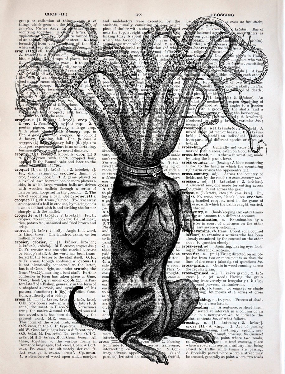 Octopus Good Dog - Collage Art Print on Large Real English Dictionary Vintage Book Page by Jakub DK - JAKUB D KRZEWNIAK