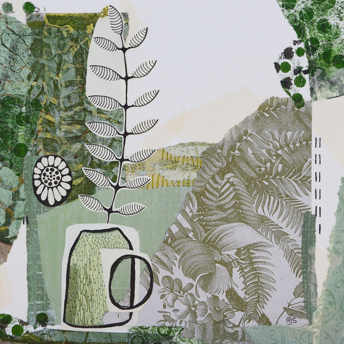 Surrealistic Botanical Collage By Armandine Js, 8 X 8, Paper Garden Green, Original Artwork