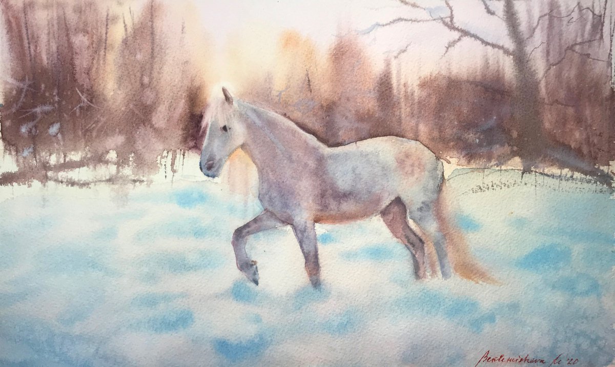 Winter. Landscape with white horse watercolor. by Maria Beklemisheva