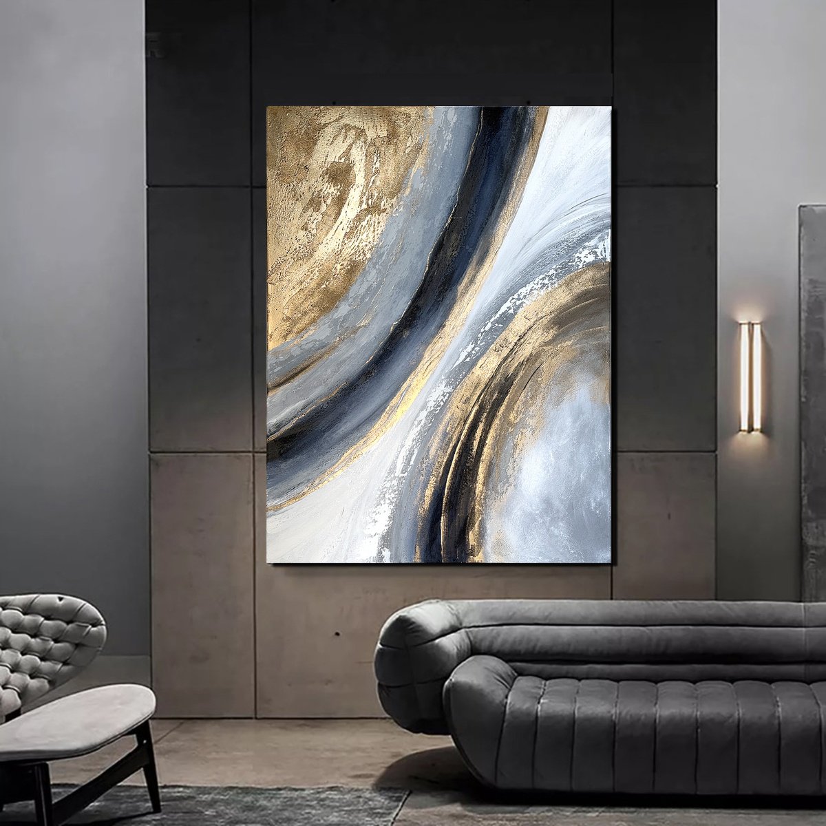 Expressive Abstract Acrylic Painting By Tatiana Malinovscaia, 35 X 47", Golden Waves, Original Artwork