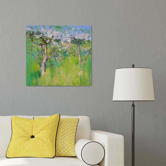 Apple tree blossoms in tall grass . 65x60 cm. Spring impressionistic oil painting .