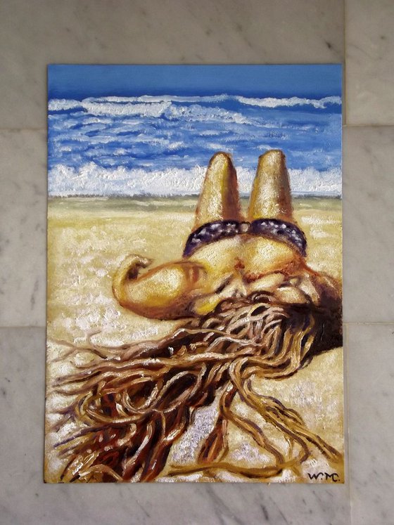 SEASIDE GIRL - SLEEPING AT THE SEASIDE - Oil painting (30x42cm)