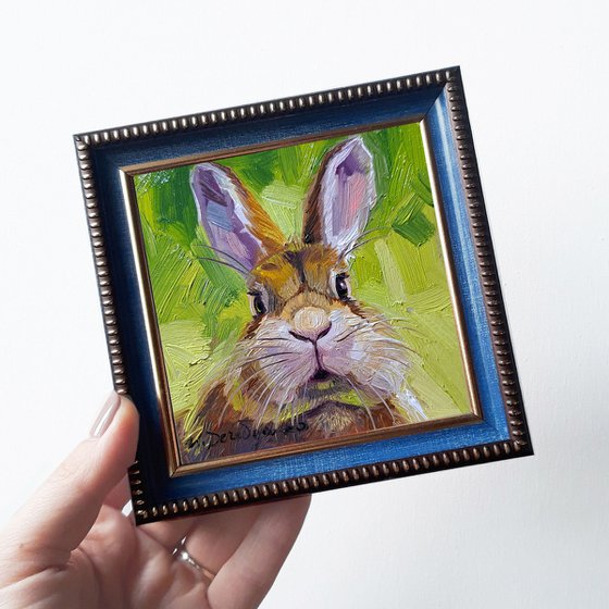 Beige rabbit oil painting original art 4x4 inch, Animal oil painting in frame