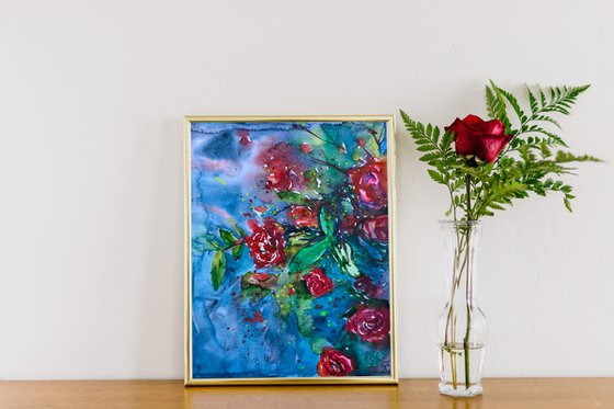 Abstract Flower Watercolor Painting, Roses Original Artwork, Red Floral Wall Art