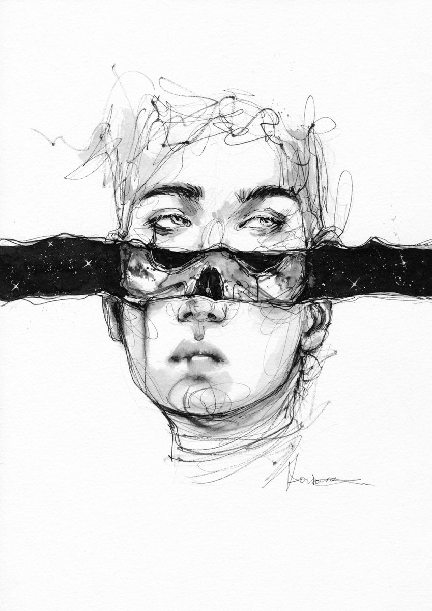 Expressive Portrait Ink Drawing By Doriana Popa, 8 X 12, Horizon, Original Artwork