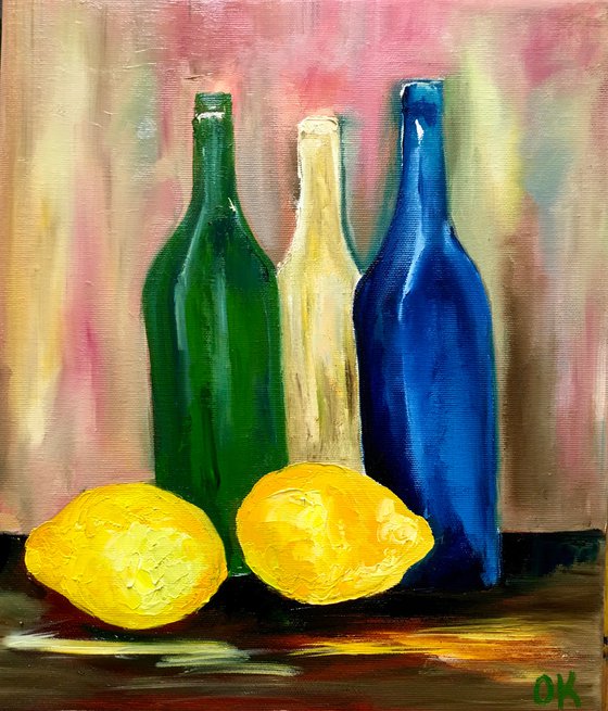 Bottles and lemons. Still life. Palette knife painting on linen canvas