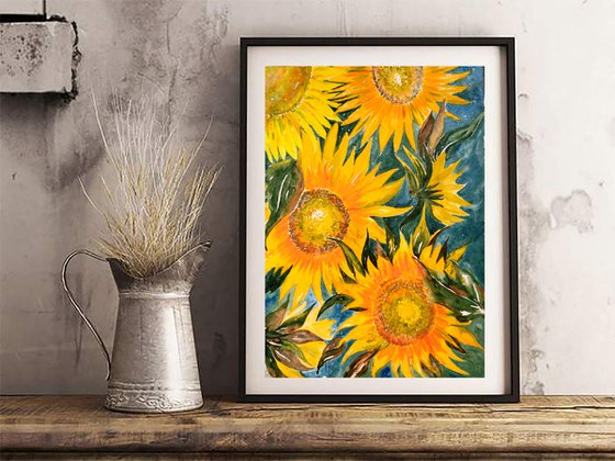 Sunflowers Painting Floral Original Art Flowers Small Watercolor Artwork Home Wall Art 12 by 17" by Halyna Kirichenko