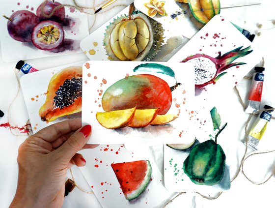 Exotic Fruits - Original Watercolor Painting Collection of 9 Mini Artworks