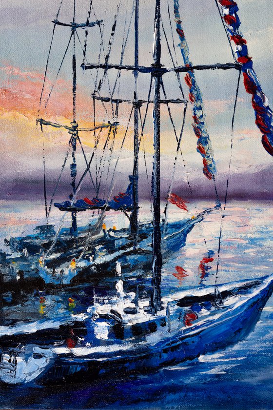 "Sailboats in the harbor" ,  ships , sky