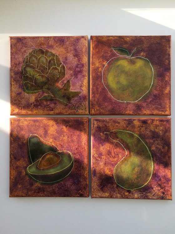 Set of 4 small paintings - Fruits original oil painting - Artichoke, pear, apple, avocado (2021)