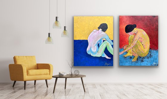 Sitting Nude - Figurative Diptych oil painting