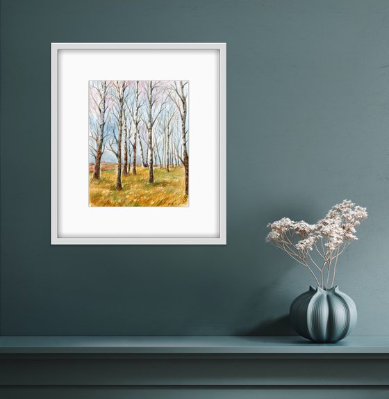 Autumn in a birch grove. Original watercolor artwork.