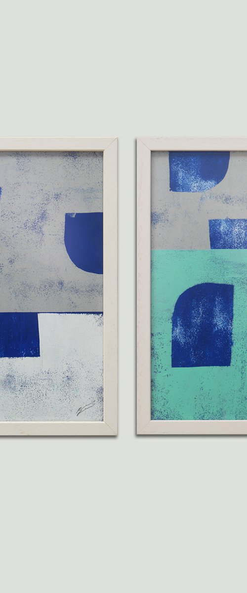 Diptych - Art on Paper - Incl Frame - Grey & Blue Stacked 24J by Ronald Hunter