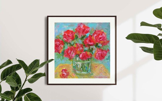 Red Roses in Vase | Small Oil Painting on Canvas Board 8x8 in (20x20cm)