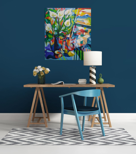 Still life with callas(80x90cm, cubism, oil painting, ready to hang)