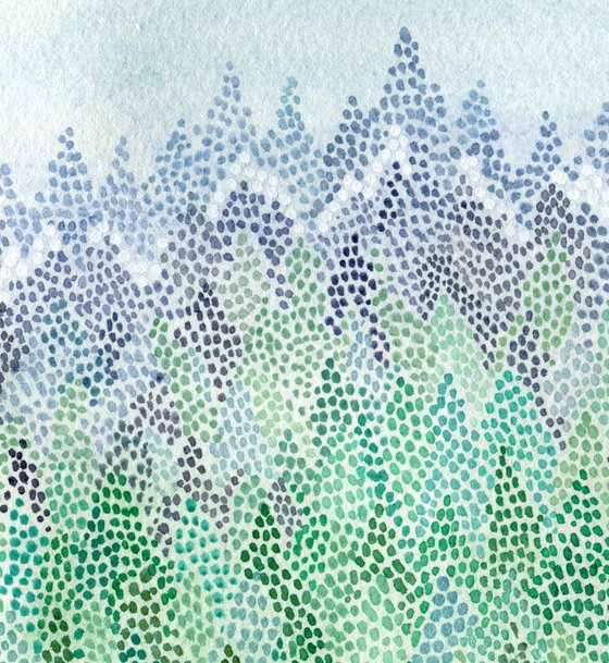 Original pointillism reminding style fir forest watercolor landscape