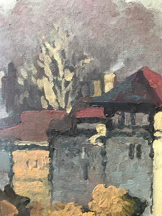 Original Oil Painting Wall Art Signed unframed Hand Made Jixiang Dong Canvas 25cm × 20cm Cityscape Red Roofs Germany House Small Impressionism Impasto