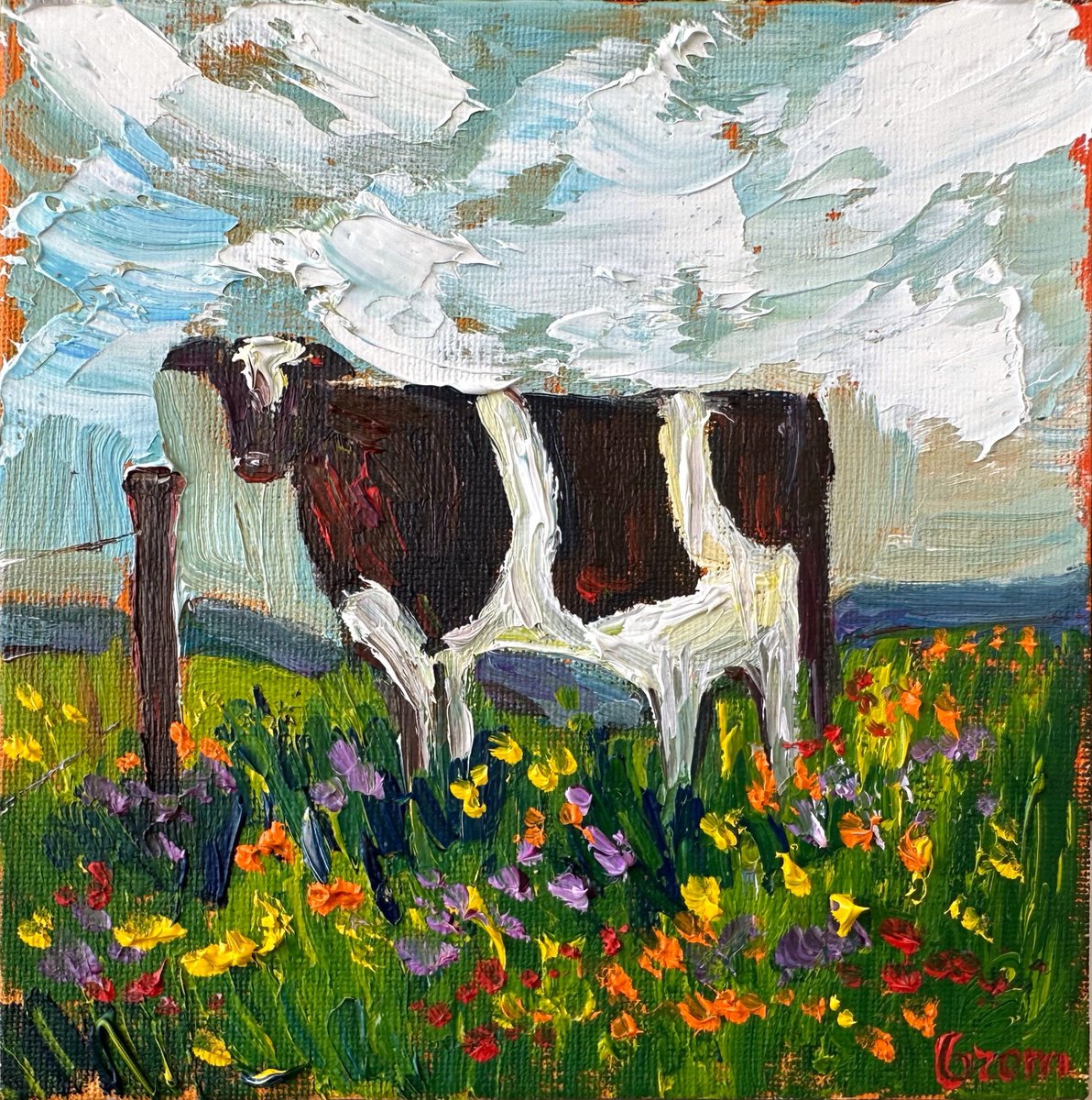 A Cow In A Field By Oksana Fedorova, 6 X 6, Artwork For Sale On Artfinder