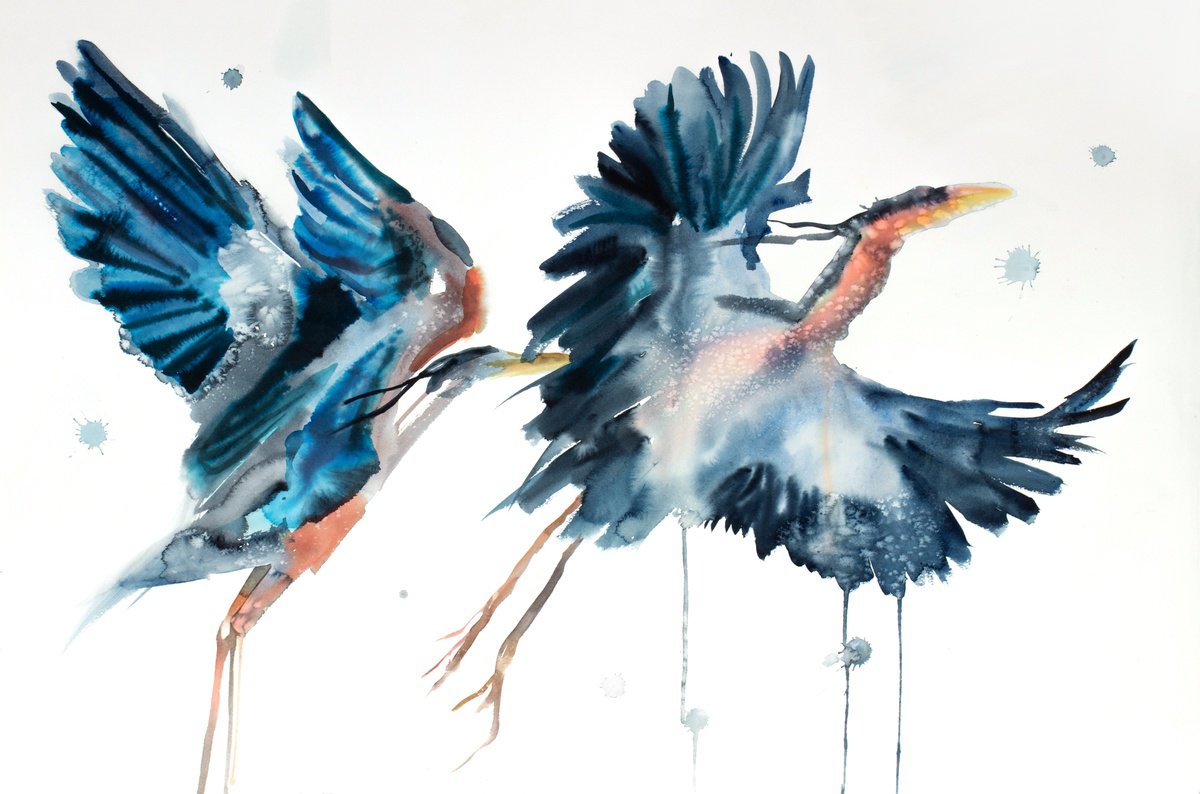 Expressive Animal Watercolour By Elizabeth Becker, 40 X 26, Herons In Flight No. 6, Original Artwork