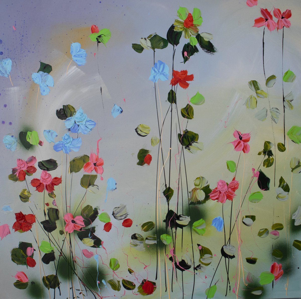 Square acrylic painting Summer Episode with flowers by Anastassia Skopp
