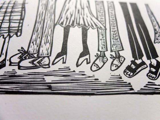 Feet in Shoes - lino cut print