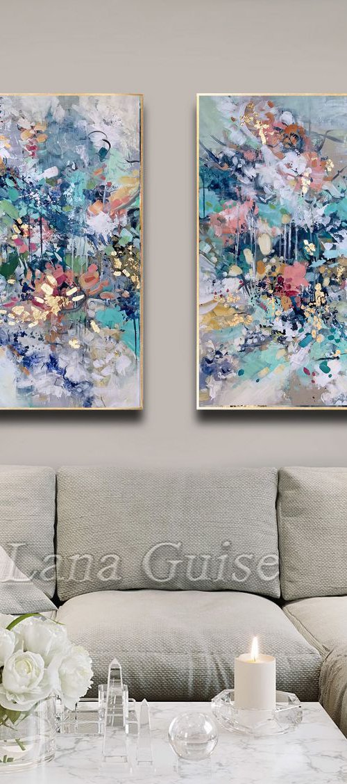 Flowers painting 48" x 36" Abstract Flower Art, Set of Two Paintings, Multi Panel Abstract, ORIGINAL Painting, Gold Leaf Painting, Black and Gold, Large Art by Lana Guise